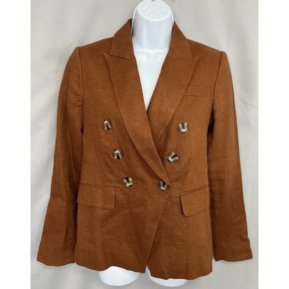Magaschoni Copper Brown Double-Breasted Long-Sleeve Blazer, 100 Linen - XS